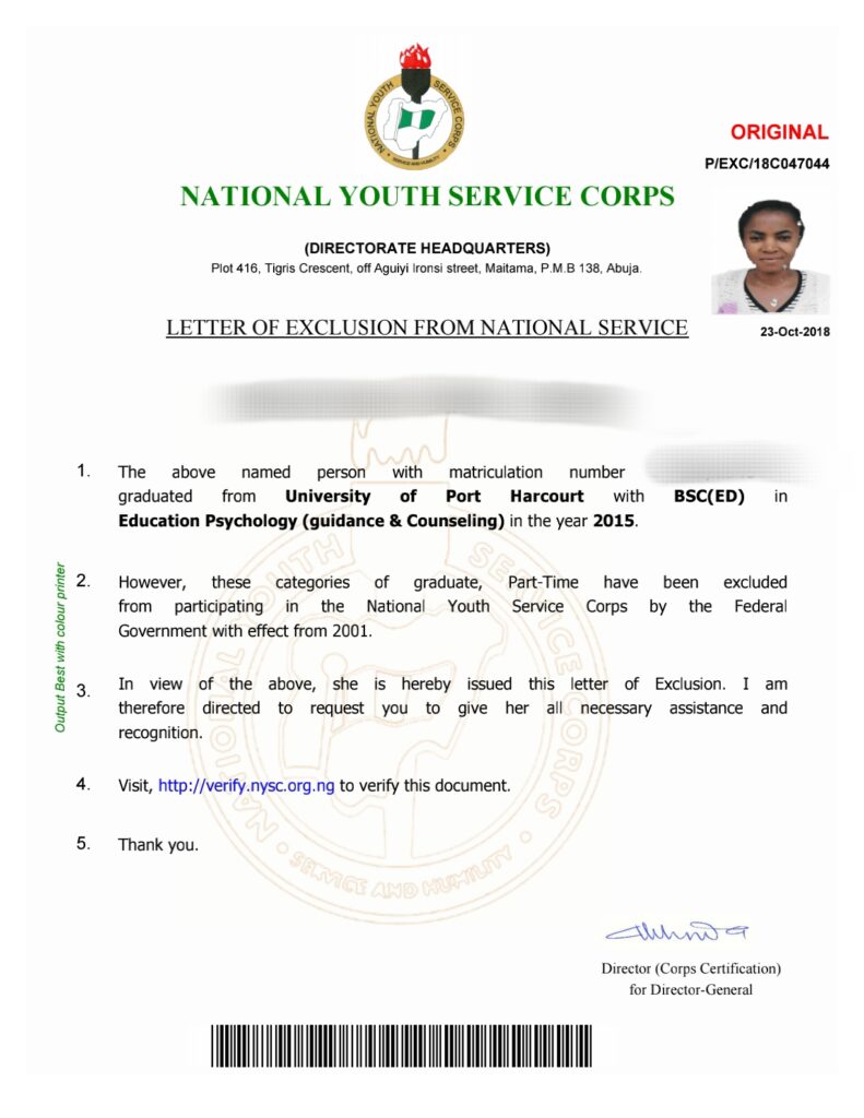 NYSC Exclusion Letter