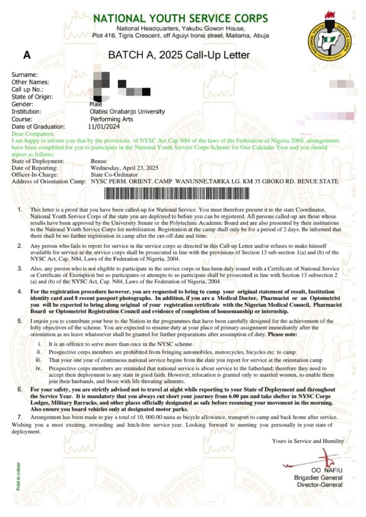 NYSC call-up letter – NYSC WhatsApp Group NYSC call-up letter