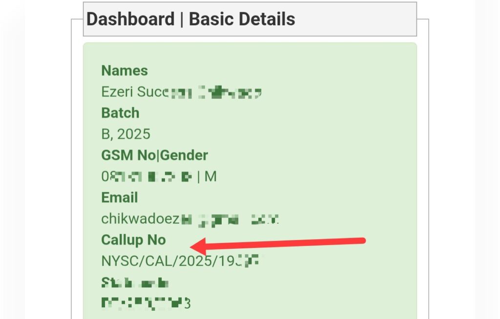 Sample of NYSC call up number