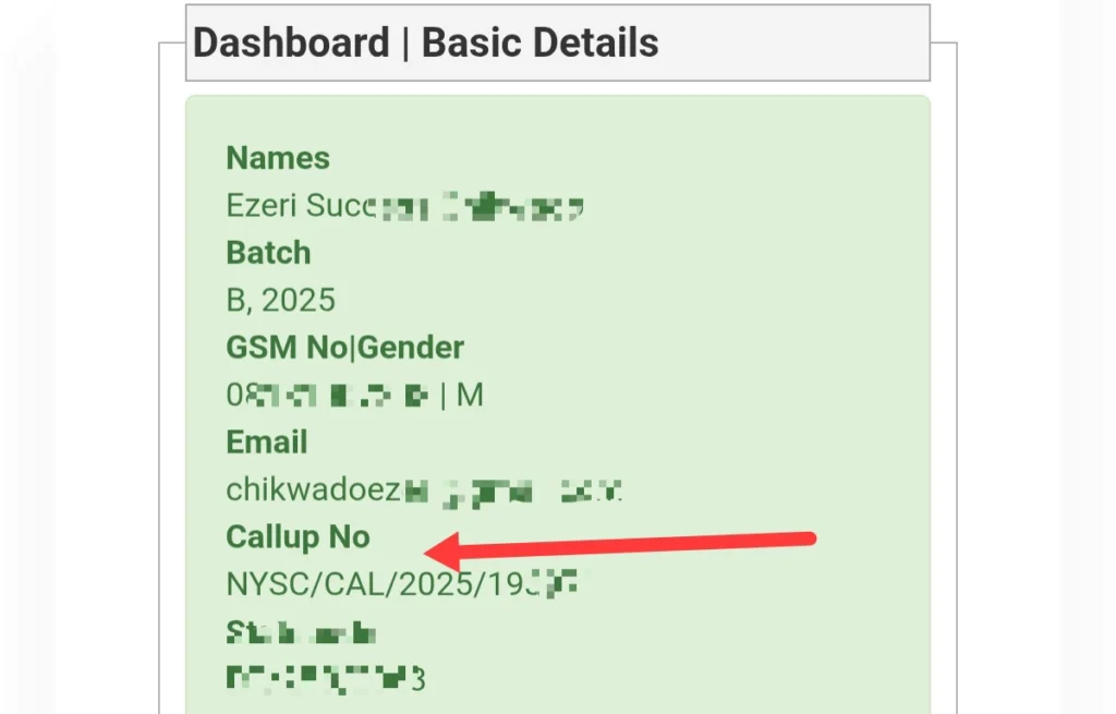 Sample of NYSC call up number
