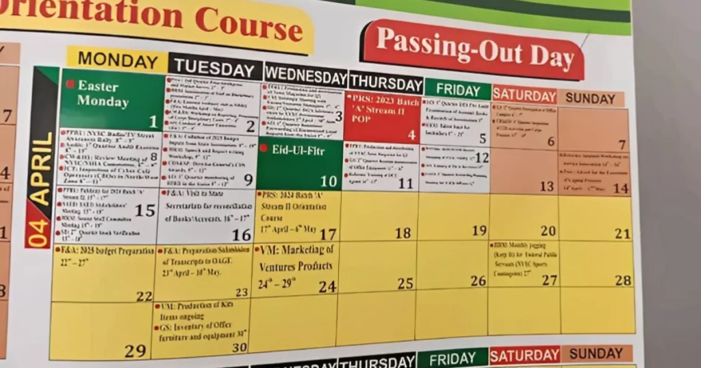 Close-up of the NYSC 2026 Calendar with marked activities such as Batch A Stream II Orientation and public holidays. The year planner details NYSC schedule for year 2026.