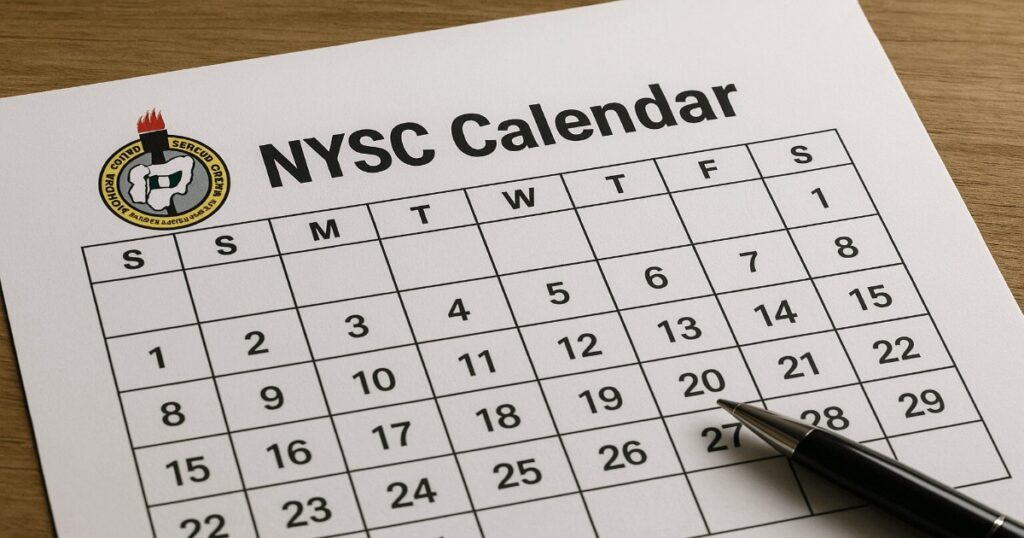 Detailed NYSC Calendar 2026 layout with dates arranged in rows and a pen for marking important service activities.