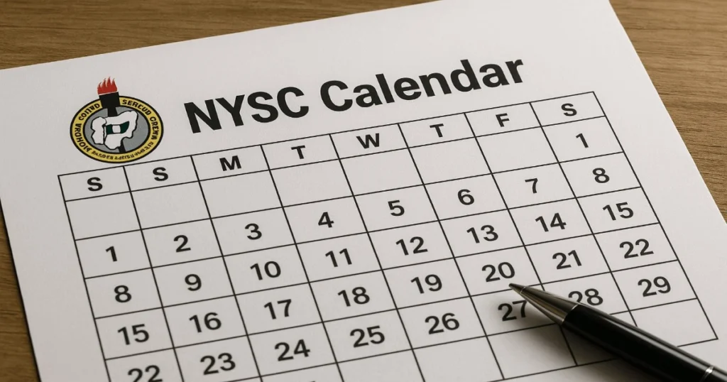 Detailed NYSC Calendar 2026 layout with dates arranged in rows and a pen for marking important service activities.