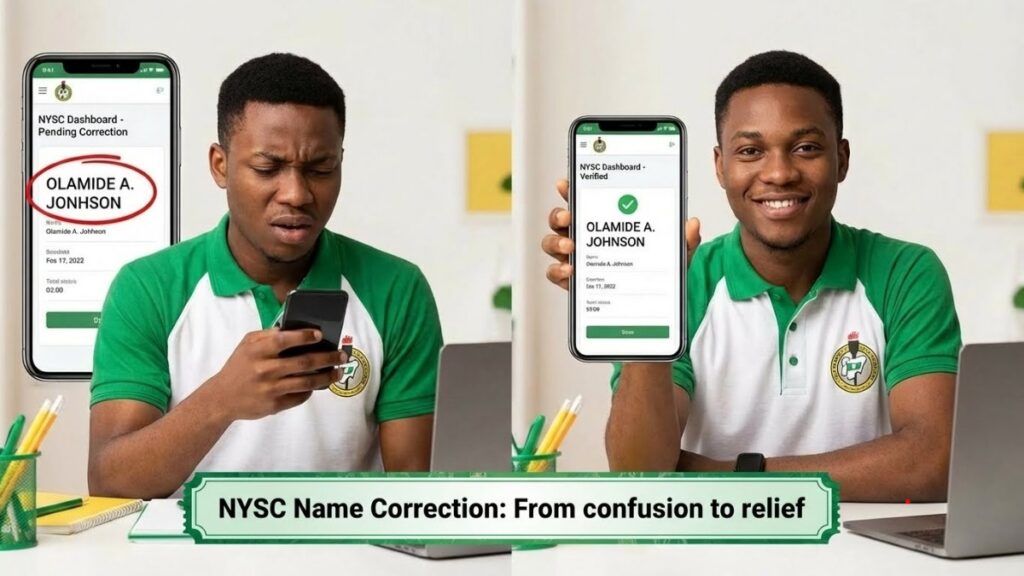 NYSC name correction process illustrated by a Nigerian PCM reacting to a name error on the NYSC portal and later smiling after the corrected name reflects on his dashboard.