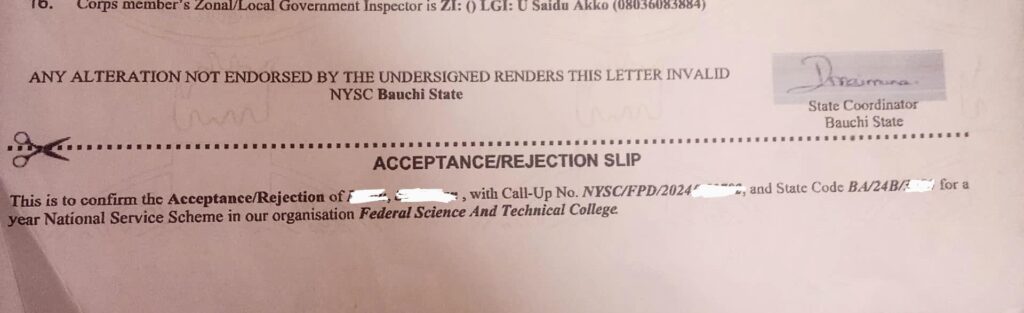 NYSC PPA acceptance and rejection slip