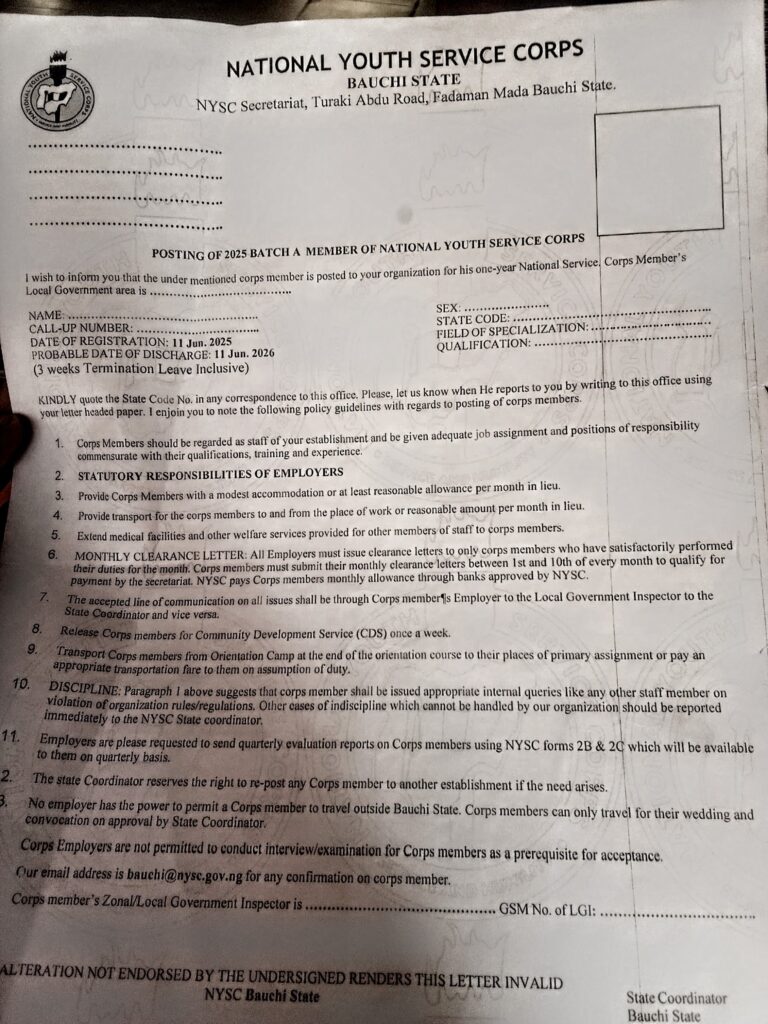 NYSC correctional posting slip