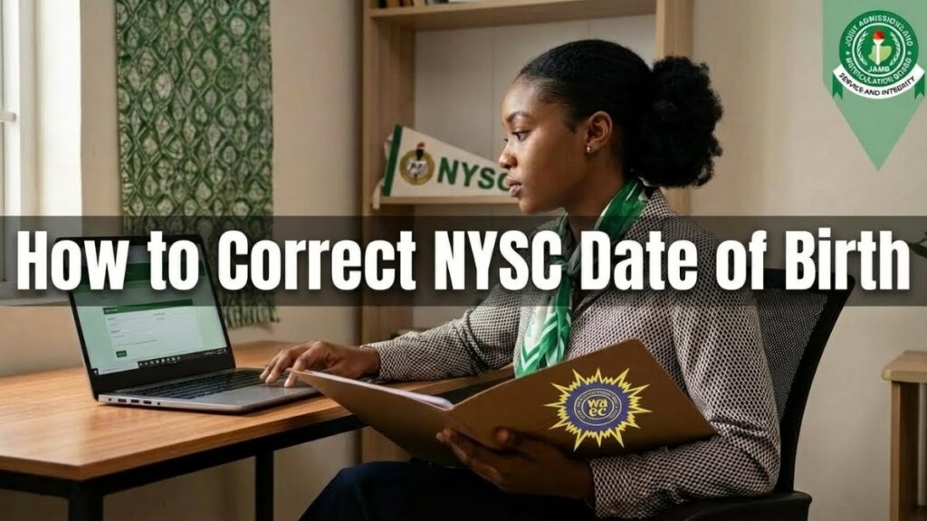 A Nigerian youth reviewing a WAEC result slip while entering nyscdate of birth correction details on a laptop.