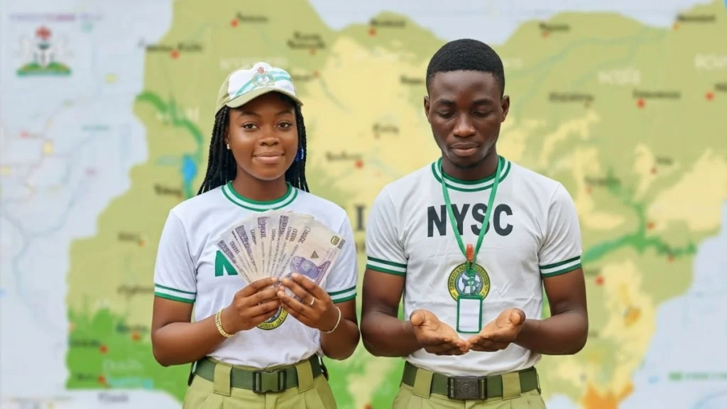 Male and female NYSC corps members in uniform in front of a Nigeria map; one holds naira notes, the other empty hands, showing differing NYSC state allowances.