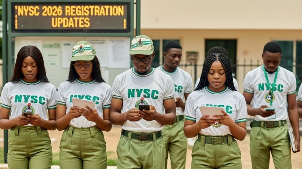 Prospective NYSC corps members checking official NYSC registration updates and latest news at a Nigerian state secretariat