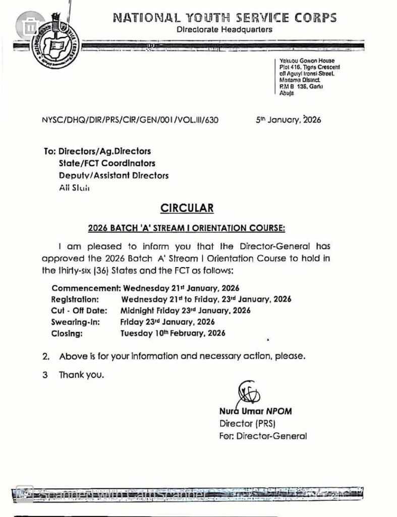 Nysc camp date for Batch A Stream 1 2026