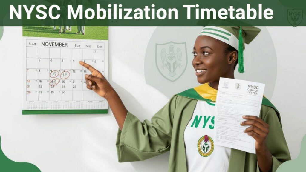 Image showing the NYSC mobilization timetable with key dates for registration, call-up numbers, and camp activities on a clean green and white minimalist background.