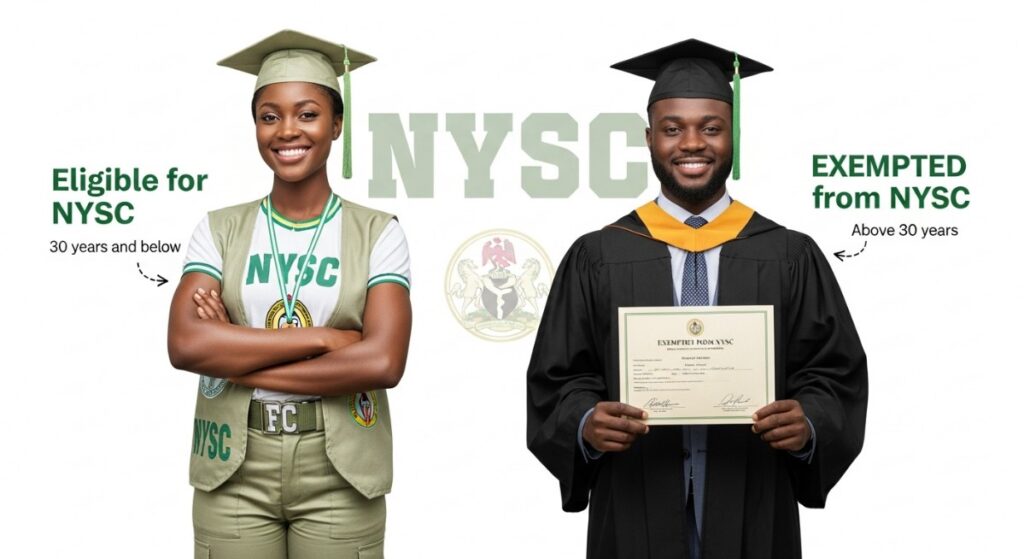 NYSC 30 years rule eligibility guide showing a graduate eligible for NYSC in uniform and another exempted with certificate
