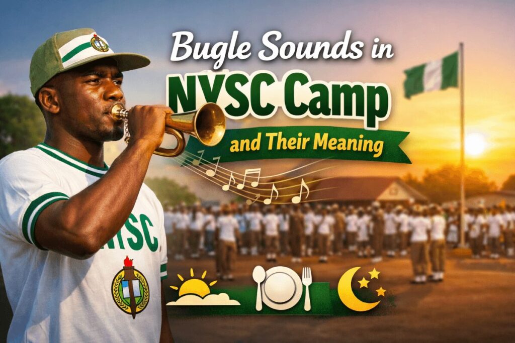 Graphic depicting NYSC camp bugle sounds and their meaning for corps members during orientation activities.