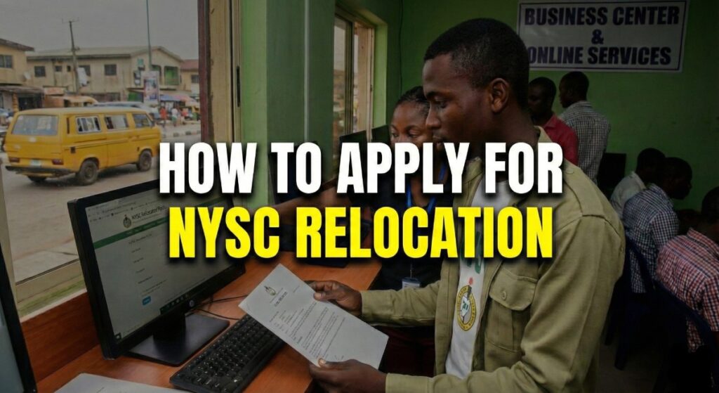 NYSC corps member in uniform completing the NYSC relocation application on a computer with documents in front.