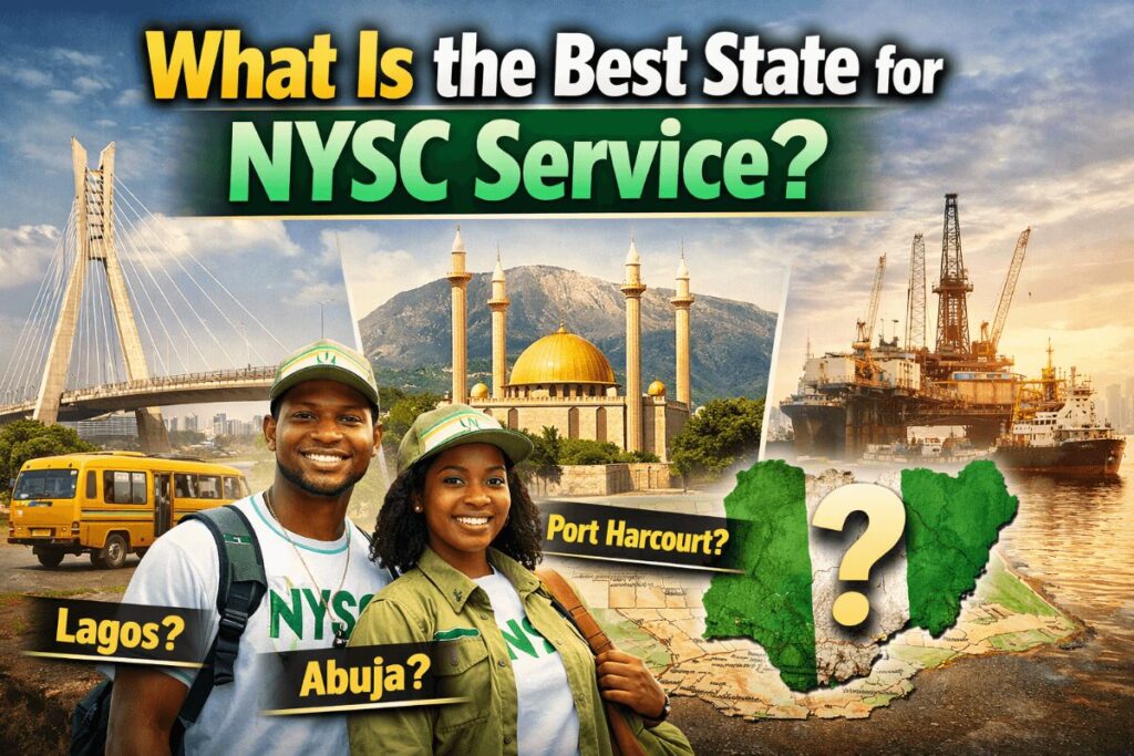 Prospective corps members planning NYSC posting with map of Nigeria, exploring the best state for NYSC service and career opportunities.