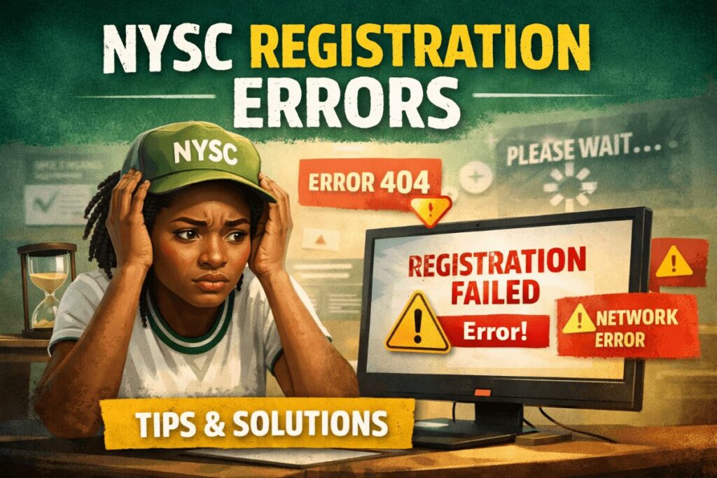 A frustrated Nigerian graduate at a computer facing NYSC registration errors, with visual cues of portal glitches, error messages, and tips to navigate them successfully.