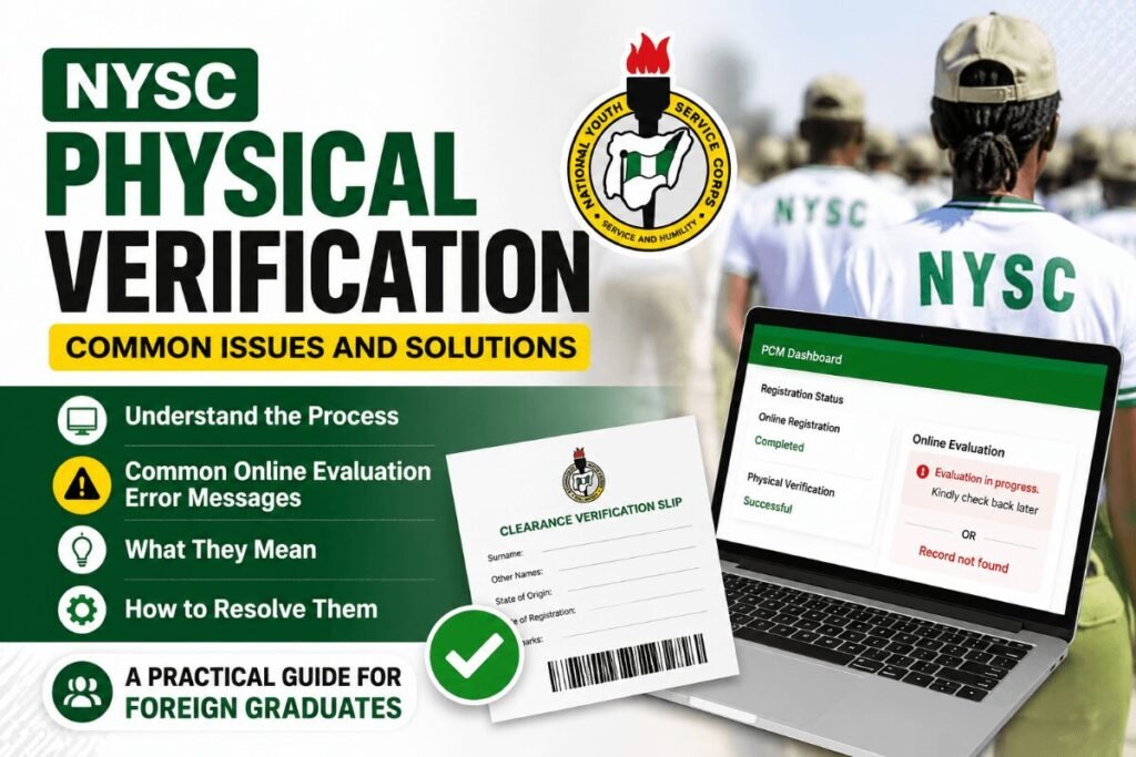 NYSC physical verification guide for foreign graduates showing common online evaluation issues and clearance verification slip.