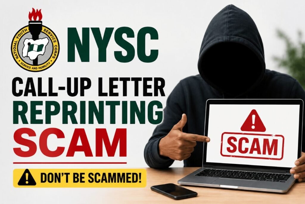 NYSC call-up letter reprinting scam illustration showing a hooded scammer and warning against fake promises to change state of deployment.