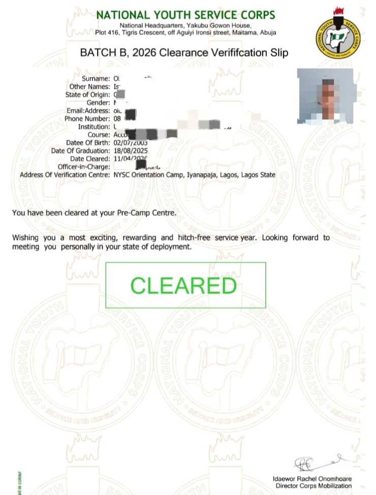 Sample of NYSC clearance verification slip for foreign graduates.