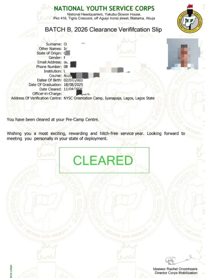 Sample of NYSC clearance verification slip for foreign graduates.